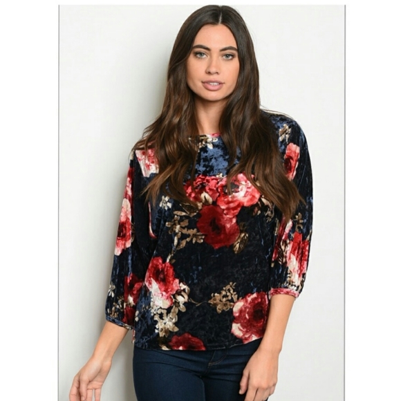 Ginger G Tops - Ginger G Crushed Velvet Navy Floral Cropped Blouse Top